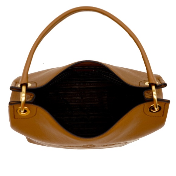Prada Hobo Shoulder Bag Embossed Logo Caramel Leather 1BC051 New - Picture 6 of 7